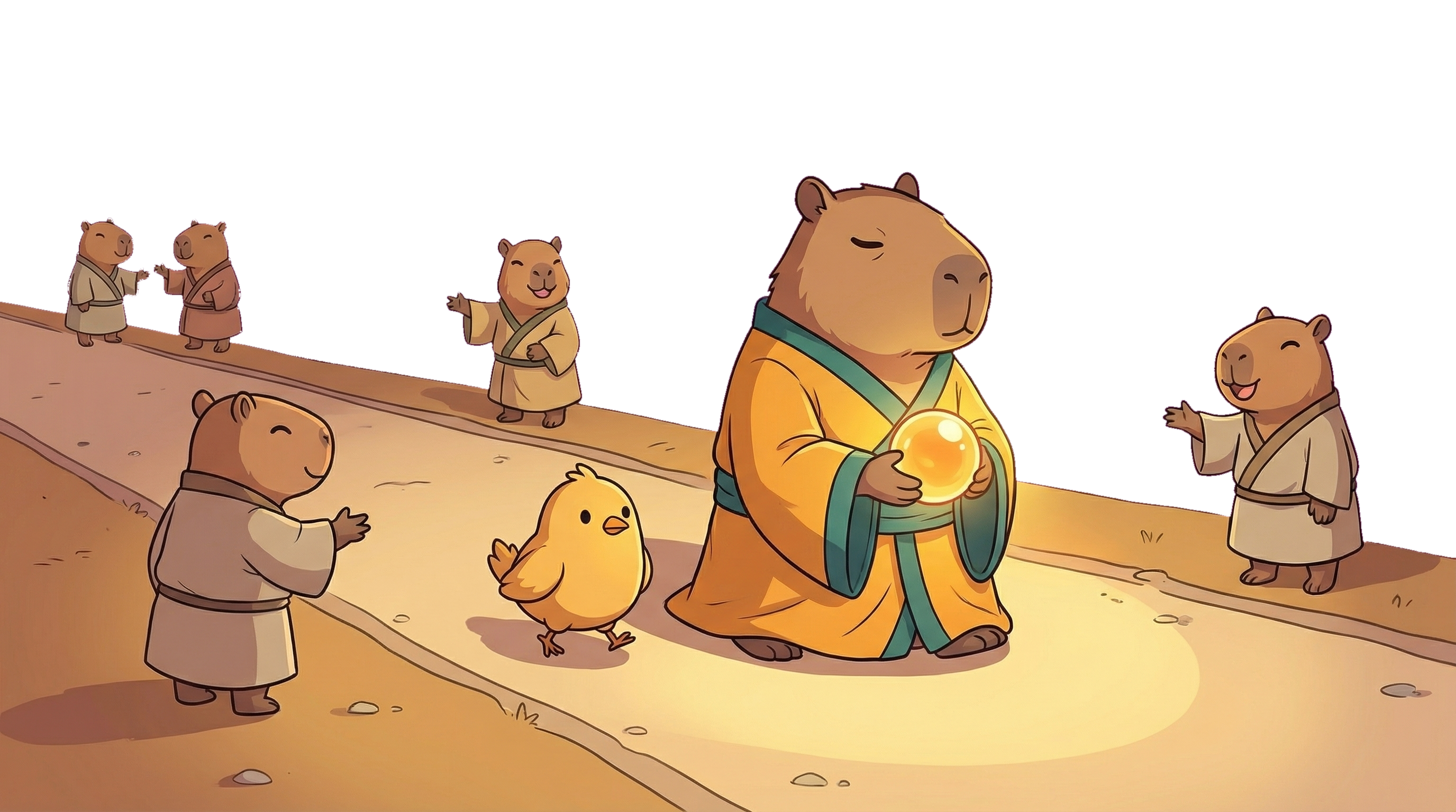 The Sage capybara guides the bird along a lit path with agent checkpoints